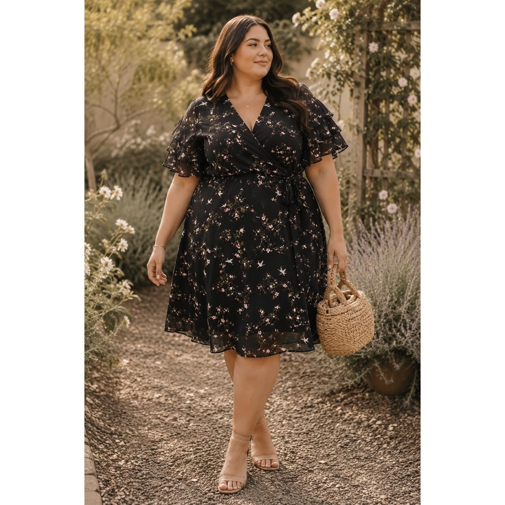 NEW Torrid 4x Black Floral Bird Print Chiffon Ruffle Flutter Wrap Dress